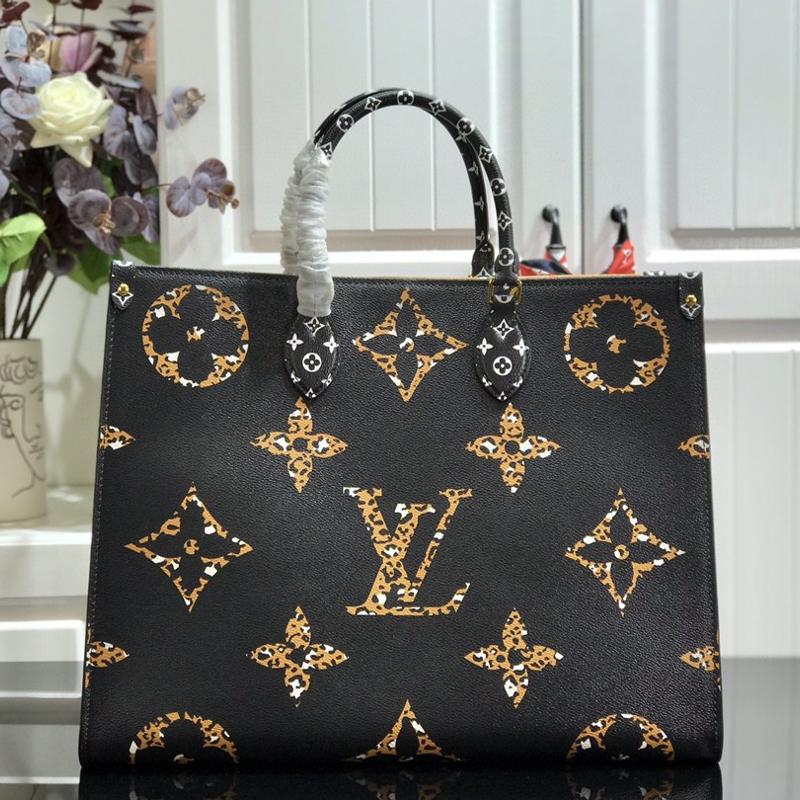 LV Handbags Tote Bags M44674 Black Yellow Leopard Pattern